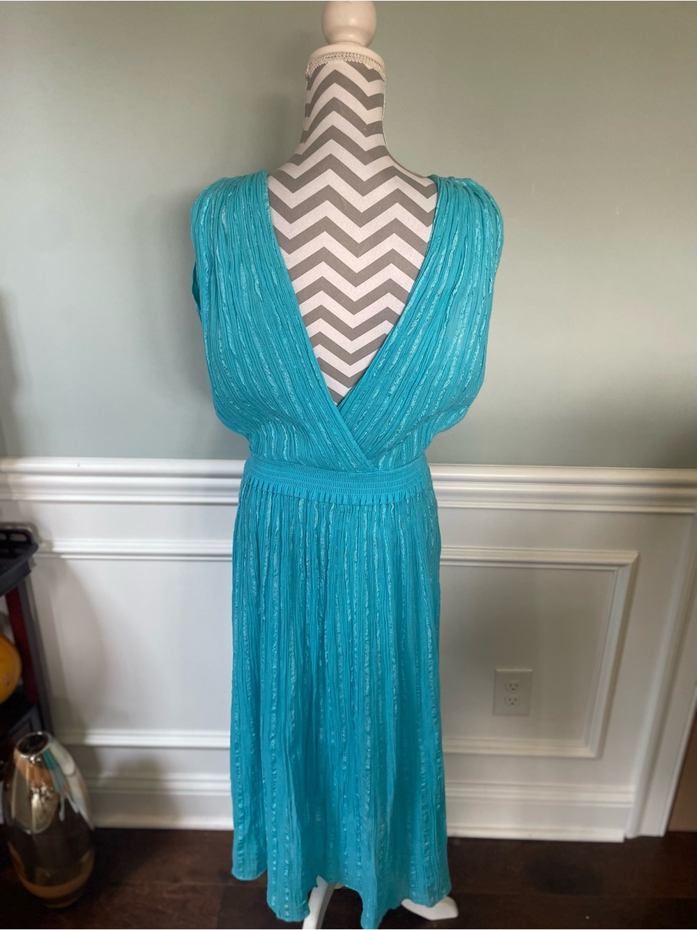 Made in Greece Turquoise Blue Pleated Embellished Waist Maxi Dress Size XL - Picture 7 of 9